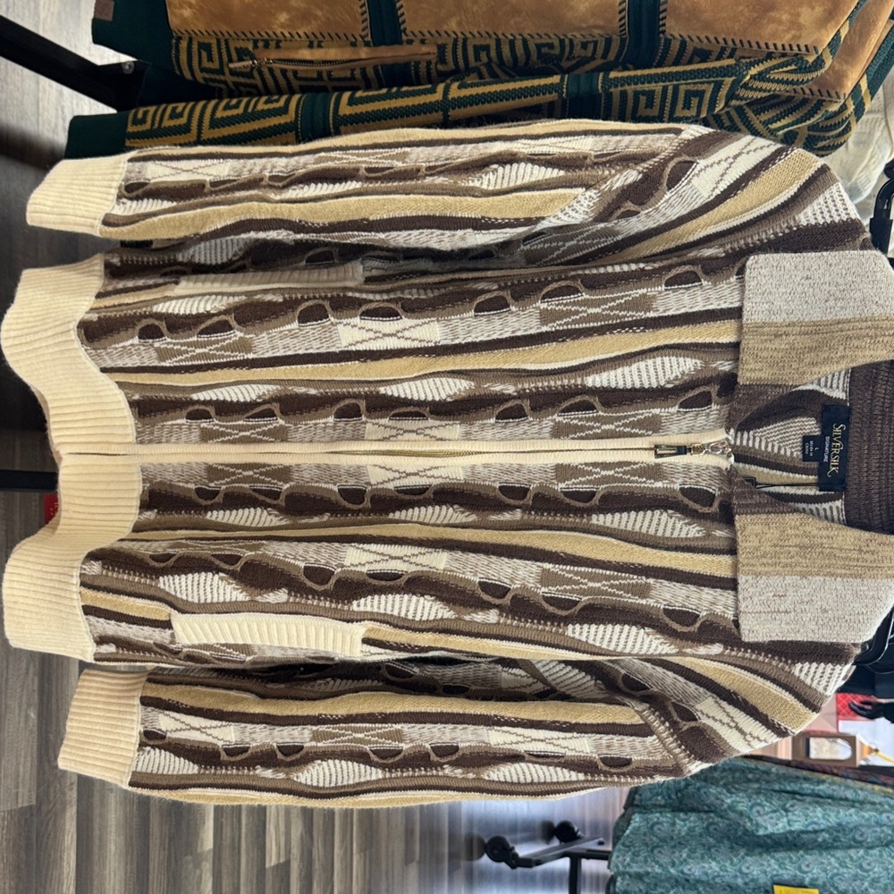 COOGI Men's Brown and Cream Patterned Zip-Up Sweater